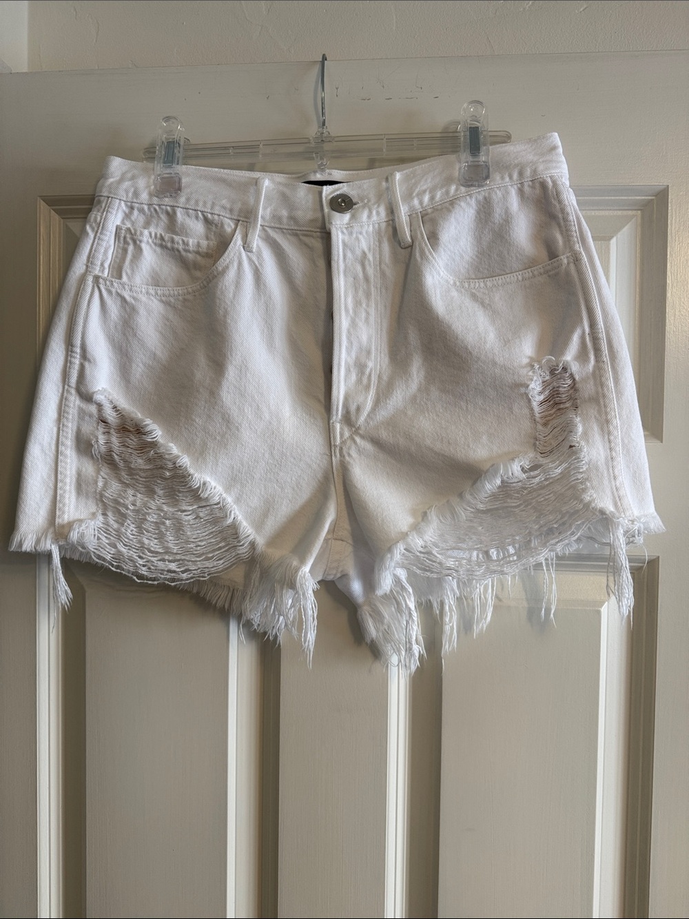 3x1 White Distressed Frayed-Hem Denim Shorts Designer